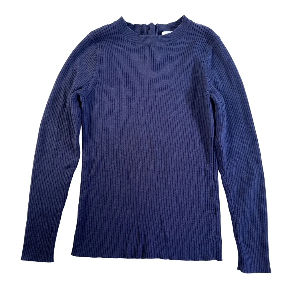 1901 Navy Ribbed Crew Neck Long Sleeve Sweater Top  L Cotton Blend Casual‎ Comfy
